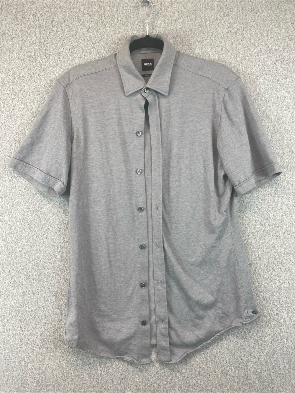 Hugo Boss Sharp Fit Shirt Mens Small Gray Stretch Casual Short Sleeve Button Up
